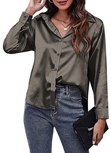 Damen Satin Hemd Langarm Blusen Button Down Arbeitsoberteil Seidenähnliche Hemden für Damen Bürooberteile