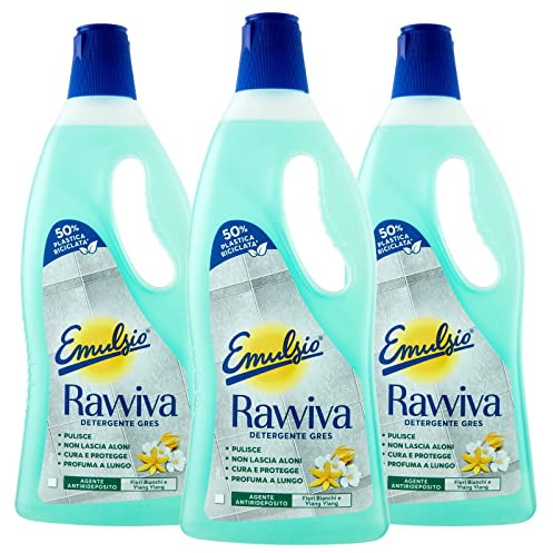 Emulsio Ravviva Grès Nettoyant pour sols en grès cérame brillant ou mat formule avec agent anti-repose de protection parfum de fleurs blanches et ylang-ylang à longue durée – 3 flacons de 750 ml