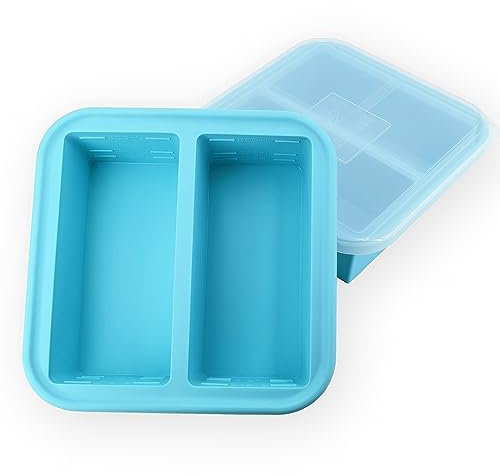 NAKTOW Vassoio per congelatore in silicone con coperchio, confezione da 2, per 4 porzioni perfette da 2 tazze, stampi a rilascio facile per conservare alimenti e congelare zuppe, brodo, stufato o