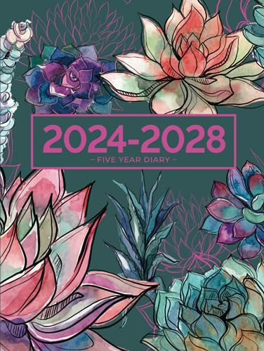 5 Year Diary 2024-2028 | A4 Gorgeous Vibrant Succulent Garden (hardcover): Month to View Planner with UK Holidays, Moon Phases, Birthdays & Celebrations, Contacts, Passwords (Five Years)