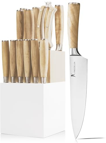 Kangdelun Set de 14 Couteaux de Cuisine, Bloc Bois Blanc | Lames Acier Inoxydable 50Cr15MoV Haute Teneur en Carbone, Manches Bois Naturel Traité Thermiquement, Gain de Place
