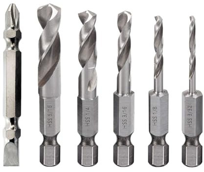 Set di Punte per Metallo, 5 Pezzi da 1/4 Pollici a Cambio Rapido con Gambo Esagonale per Metallo, Set di Punte Corte HSS M2, 3/32, 1/8, 3/16, 1/4, 5/16 Pollici + Cacciavite
