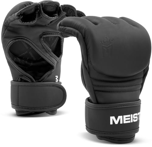 Meister [Critical] 4oz MMA Gloves for Striking & Grappling w/Pre-Curved Nemeios Leather - Matte Black - Small