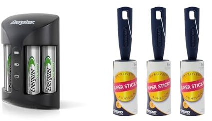 Energizer Battery Charger, Recharge Pro, for AAA and AA Batteries & Korbond 3 Pack Lint Rollers – 105 Sticky Easy to Peel Paper Sheets - Suitable for ALL FABRIC TYPES… Blue