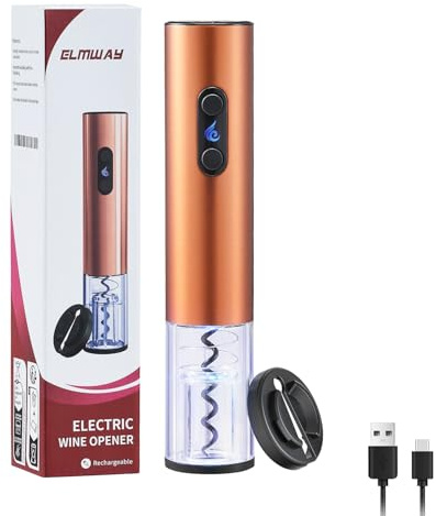 ELMWAY VinoLux Series Rechargeable Electric Wine Opener – Electric Corkscrew with Dual LED Lights, Brushed Stainless Steel Body & Foil Cutter (Rose Gold)