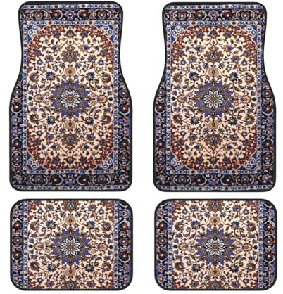 Tapis de sol de voiture à motif persan antique bleu oriental 4 pièces Ensembles complets de tapis de voiture Ajustement universel pour SUV, fourgonnettes, berlines, camions Protection toutes saisons T