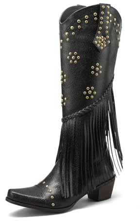 REKALFO Kniehohe Cowboystiefel Frauen Reißverschluss Fransen Gestufter Absatz Spitz zulaufend Süßer lässiger Mode Stiefel mit breiter Wade Schwarz 39.5 EU