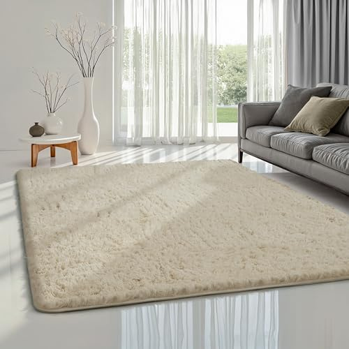 the carpet Soft Shaggy Flauschiger Hochflor Teppich, Wohnzimmer, Anti-Rutsch Unterseite mit flauschigem Flor, weich und Super Soft, Beige, 120 x 160 cm