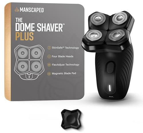 MANSCAPED The Dome Shaver Plus Rasoir de tête pour homme – Quatre lames rotatives à double piste avec technologie SkinSafe et FlexAdjust, étanche, chargement USB-C, tampon de lame magnétique amovible