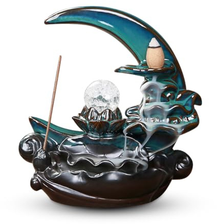 Räuchergefäss Rückfluss, Moon Backflow Räucherbrenner Mond Rückfluss Wasserfall mit Kristallkugel Dekor Incense Holder Keramik Weihrauchbrenner Räuchergefäß für Familie Büro Schlafzimmer Ornament