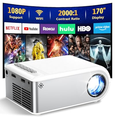 Mini Projector with WiFi and Bluetooth, Outdoor Portable Mini Projector for iPhone Supports 1080P with Built-in Speaker, Movie Projector for Home Theater Compatible with iOS/Android/PC/TV Stick/HDMI