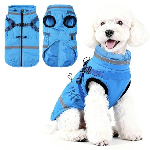 Poseca Hundemantel mit Geschirr wasserdichte Hundejacke Reflektierend und mit Reißverschluss Schneeanzug für Kleine und Mittelgroße Hunde