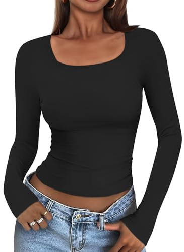 Cuptacc T Shirt Damen Langarm Eckiger Ausschnitt Basic Slim Fit Langarmshirt Damen Y2k Top Long Sleeve Solid Color Leicht Double Layer Oberteile Eng Schwarz M