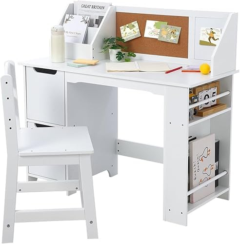 Salutmeuble Ensemble Bureau et Chaise Blancs avec bibliothèque, Tableau d'affichage et armoires - Idéal pour Les garçons et Les Filles de 3 à 8 Ans