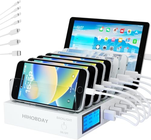 HIHOBDAY 100W 7-Port GaN Charging Station, USB Fast Charger Plug with Display, Compatible with iPhone Samsung Huawei Series and More (White)