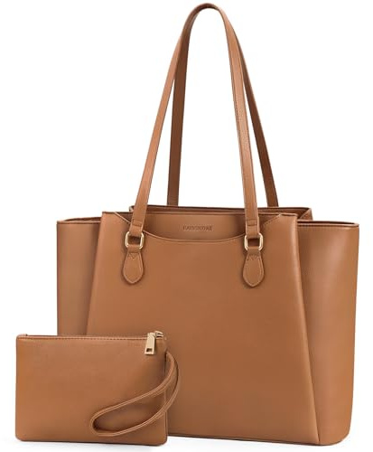RAINSMORE Handtasche Damen 15,6 Zoll, Shopper Tasche Tote Bag Damen Groß mit Clutch, PU Leder Aktentasche Laptoptasche für Business, Schule, Arbeit, Braun