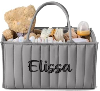 Keruidian Personalisierte Wickeltaschen mit individuellem Namen, Mama, Babytasche, großes Fassungsvermögen, ausgehend, bestickt, Handtasche, Umhängetasche (grau)