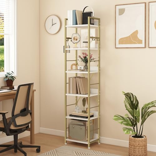 DWVO 6 Tier Book Shelf, Tall Bookcase with Steel Frame, Industrial Bookcase with 4 Hooks, Floor Shelf, Narrow Display Rack for Living Room, Bedroom, Gold