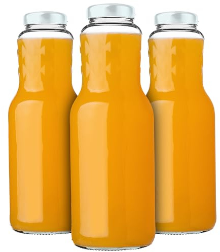 KADAX 3-pack glasflaskor 1L med skruvlock Vit – Tomma mjölkflaskor juiceflaskor för påfyllning av juice, mjölk, smoothies & sirap, återfyllningsbara glasflaskor
