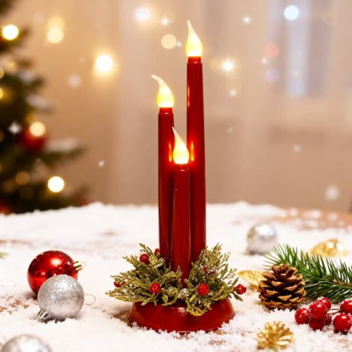 Kaezuy Weihnachtsdeko LED Kerzen, 3 Stück Flammenlose Weihnachtskerzen mit Base, Batteriebetrieben LED Kerzen mit Realistischer Flamme, Flammenlose Kerze für Hochzeiten Partys Weihnachten (Rot)