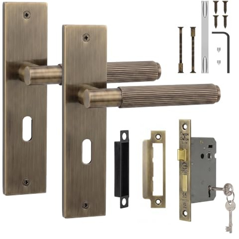 Decoranddecor Hera Antique Brass Door Handles Internal Sash Lock & Keys | Sash Lock & Keys Included, 64mm Fire Rated, Lockable, Ready to Fit, Interior Door Handles, 200x45mm Plate