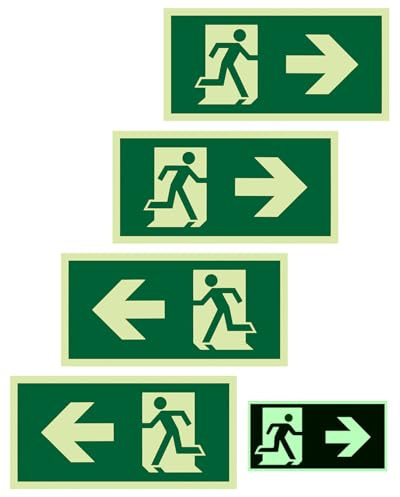 FUGLUS Cuatro señales de salida de emergencia, fotoluminiscentes, de película de polietileno reflectante, Izquierda y Derecha, diseño autoadhesivo, no requiere perforación, adecuadas para hoteles