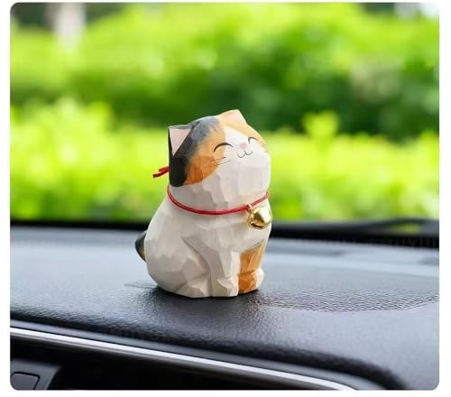 Xiyuelily Handmade Wooden Calico Lucky Cat Figurine – Carved Maneki Neko Wealth & Fortune Ornament for Desktop, Home Decor & Car Dashboard, Gift for Cat Lovers