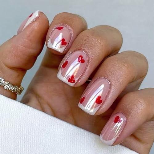 Dermalyx 24 Pezzi Unghie Premontate Per San Valentino, Stile French Bianco Con Cuore Rosa, Unghie Finte Di Alta Qualità In Gel, Unghie Artificiali Adesive, Punte Unghie F