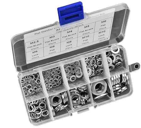 Rengue Set di Assortimenti di Rondelle Elastiche a Rondella Piatta in Acciaio Inossidabile da 260 Pezzi M2.5 M3 M4 M5 M6 M8 M10 Componenti Hardware Parti di Macchine Elementi di F