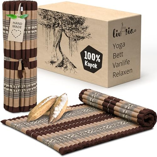 livasia Rollmatte Rollmatratze L breit bequem - 200x110x4,5cm - Gästebett Gästematratze 1 Person, Reisebett Kofferraum outdoor, Thaimatte Kapok Garten Balkon handgefertigt (Braun/Elefanten)