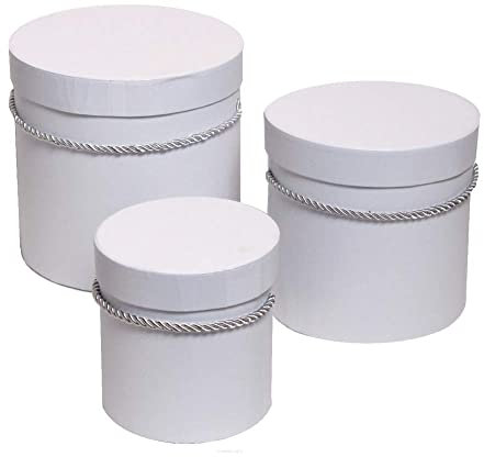 3er Set runde Dekorative Dekoschachteln in Weiß mit weißer Kordel, Dekobox, Blumenbox, Aufbewahrungsbox, Hutschachtel, Rosenbox, Geschenkkartons, Geschenkbox