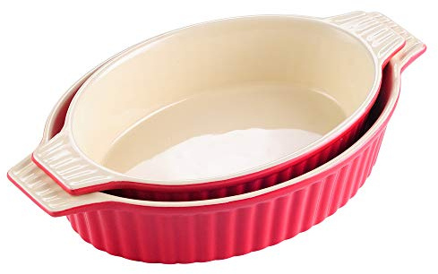 MALACASA 2-TLG. ovale Porzellan Auflaufformen mit Griffen: 35 cm (1,5L) + 31 cm (1180 ml) für 2–4 Personen – ideal für Lasagne, Aufläufe & kleine Braten, Ofen- & Spülmaschinenfest, Serie BAKE in Rot