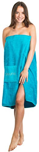 Brandsseller Damen Saunakilt Saunasarong S-XXL mit Klettverschluss, Gummizug und Tasche 100% Baumwolle - Türkis