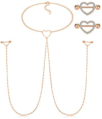 AceFun 14G Acier Inoxydable Forme de Coeur Chaîne,Anneaux de Téton Mamelon Choker Collier en Acier Pendentif Anneau de Téton Femmes Bijoux Piercing