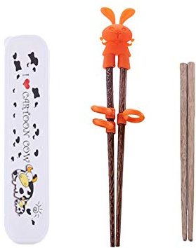 Household Non-Slip Solid Wood Children's Training Chopsticks are Suitable for Children to Learn to Use Chopsticks Correctly, Includes Cow Portable Box