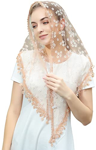 Cilkus Spitzenschleier Dreieck Mantilla Schleier Schal oder Schal Latin Mass Kopf Abdeckung mit Fransen Spitze, Beige, Medium