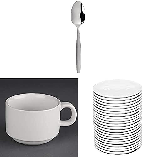 Olympia C121 Kelso Teaspoon (Pack of 12) with 24X Athena Hotelware Stacking Cups 200ml 7oz Coffee Espresso Milk Jugs and Athena Hotelware CC202 Saucer, White (Pack of 24)