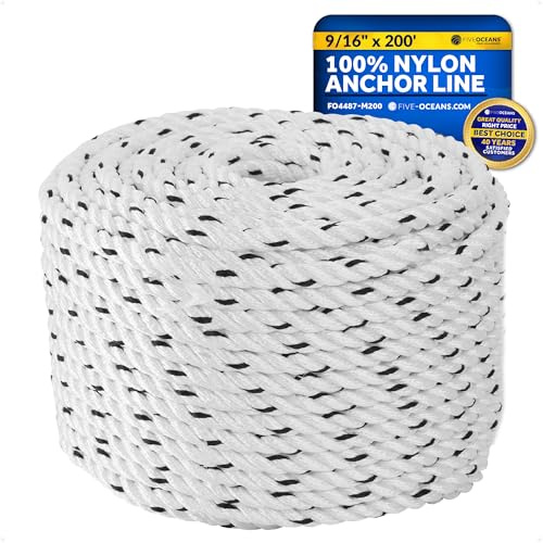 Five Oceans Boat Anchor Rope 9/16 inch x 200 ft - Marine Premium 3-Strand White Nylon - Ideal for Mooring Anchoring Windlasses Towing - FO4487-M200