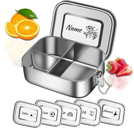OXYEFEI Brotdose Kinder mit Fächern, Auslaufsicher Brotdose Edelstahl Personalisierte mit Text Gravur für Schule/Arbeit/Kindergarten (3 Zellen, 1400ml)