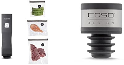 CASO Vacu OneTouch - Handvakuumierer inkl. Zubehör, 10 ZIP-Beutel, 2 ZIP-Locker, CASO Food Manager Sticker, bis zu 150Minuten & WineLock - Vakuum Aromaverschluss, 3 Stk., für 16-19mm Innen-Durchmesser