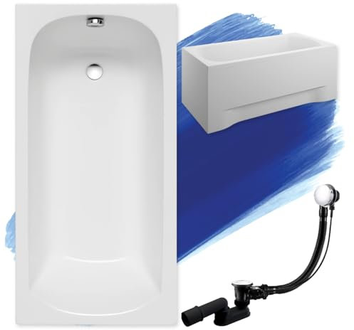 BADLAND Badewanne Original Weiß Acryl Wanne Rechteck CLASSIC 170x70 KOMPLETTSET SET mit Weiß Acrylschürze + Füßen und Exklusive Chrom Automatik Ablaufgarnitur Made in EU 4in1