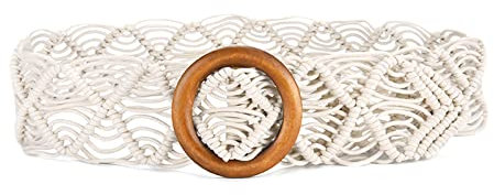 Jeesblsy Frauen Geflochtene Taille Gürtel aus Seilgeflecht im Böhmischen, Gewebte Strohgürtel Breit Bund für Kleid Sommer Dekorativer Flechtgürtel mit Holzschnalle (Weiß)