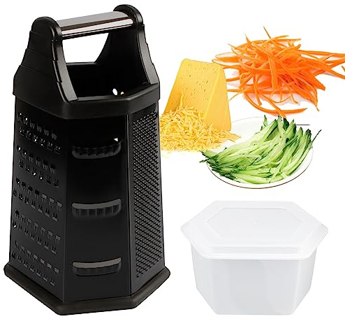 Box Grater, Cheese Grater Shredder Stainless Steel with 6 Sides, Best for Parmesan Cheese, Vegetables, Potatoes, Carrot, Ginger, Mandoline Vegetable Slicer with Detachable Container, Black