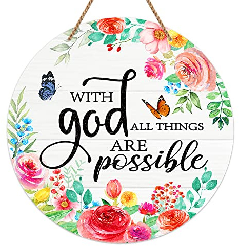 FaCraft Spring Welcome Wreaths Sign for Front Door Farmhouse Religious Christian Home Decorations with God All Things are Possible Wall Decor Inspirational Faith Hanging Sign for Home Wall Window