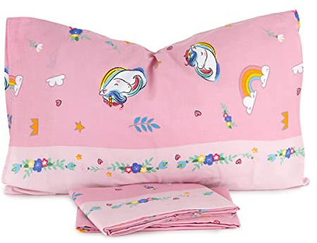 Caritex - Completo Lenzuola Singolo Collezione Venere Unicorno Rosa in 100% Cotone, Set Letto Bambina con Lenzuolo sopra sotto con Angoli e Federa, Stampa Arcobaleno Stelle Fiori, Oeko-Tex, K936