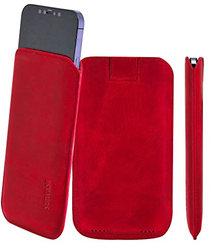 Suncase Original Leder Etui kompatibel mit iPhone 15 Pro (6,1 Zoll) Hülle Tasche Ultra Slim Ledertasche Schutzhülle Case (mit Rückzuglasche) in antik rot