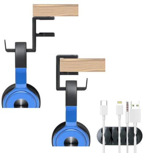 Headphone Stand Holder with Cable Clip + FREE Cable Organiser: 360 Degree Swivel Adjustable DUAL: Springed Clamp Gaming Headset Desk Hook +Strong Adhesive Attachment, Universal Adjustable (Black)