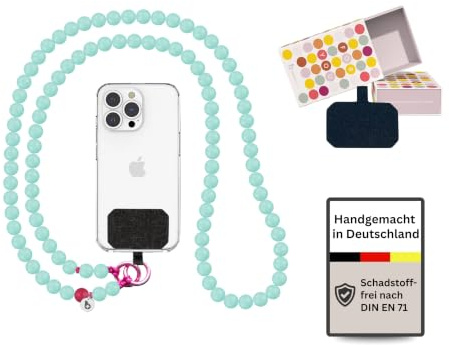 Verbesserte Holz Handykette Perlen lang zum Umhängen inkl. Patch | handmade in Deutschland - Längen 120cm, 130cm, 140cm - kompatibel mit iPhone, Samsung - Geschenkidee Frauen (Flamingo / 140cm)