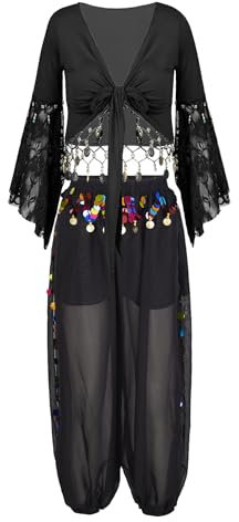 Freebily Damen Bauchtanz Kostüm Indische Tanzkleider Puffärmel Münzen Bauchtanz Oberteile Pluderhosen Rock Belly Dance Outfit Schwarz_A XL