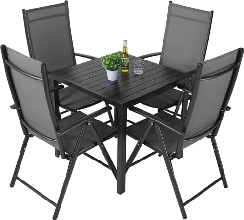 LIFERUN Balkonmöbel Set 5-Teilig, Gartenmöbel Set für 4 Personen | WPC Quadratisch & 4er Aluminium Klappbar Gartenstühle, Wetterfest & Platzsparend für Kleinen Balkon, Garten, Schwarz